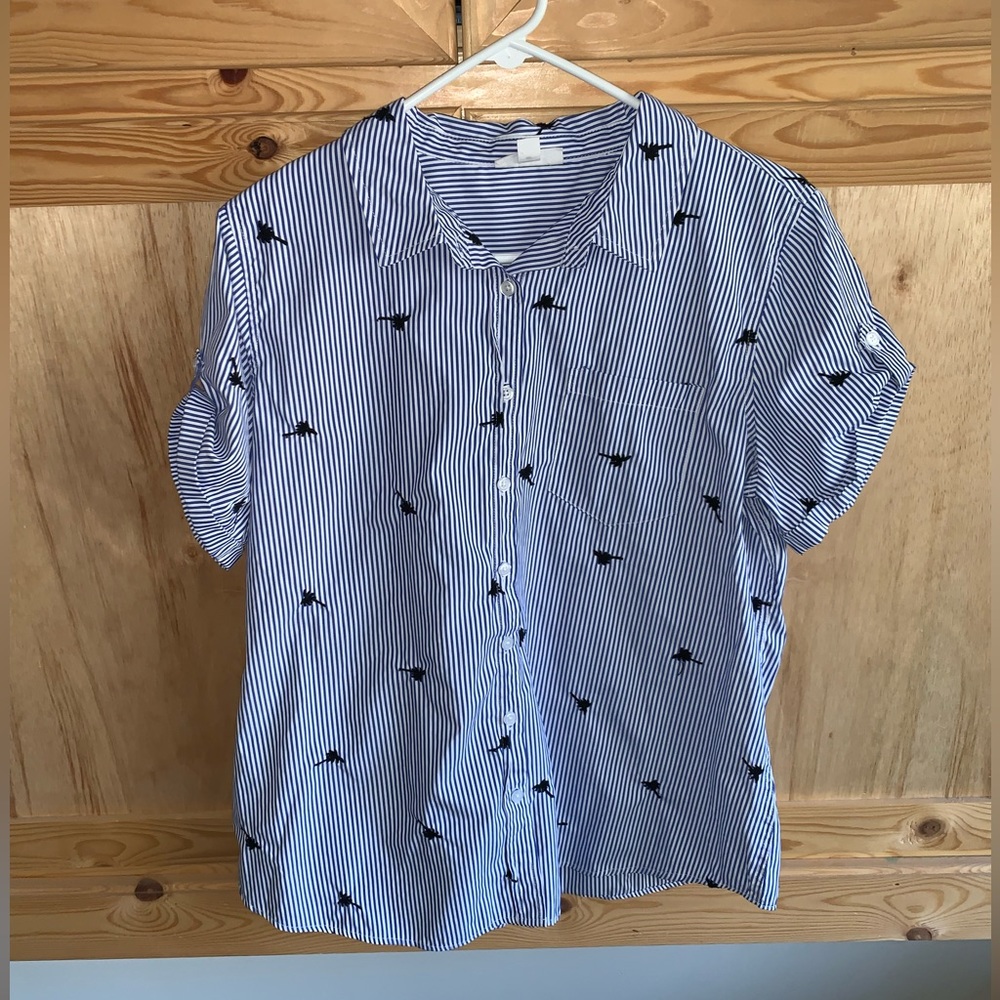 Westport blue striped dress palm tree novelty island shirt blouse size XL